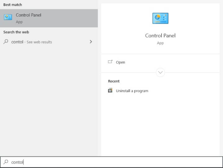 Open control panel from windows 10 search bar