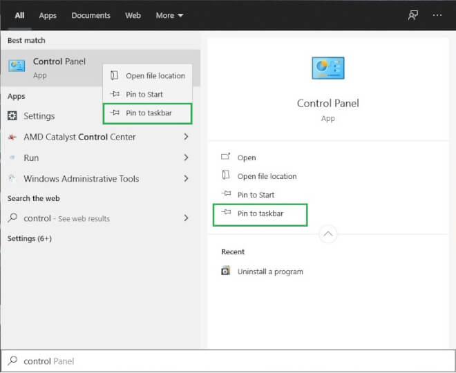 pin control panel in windows 10