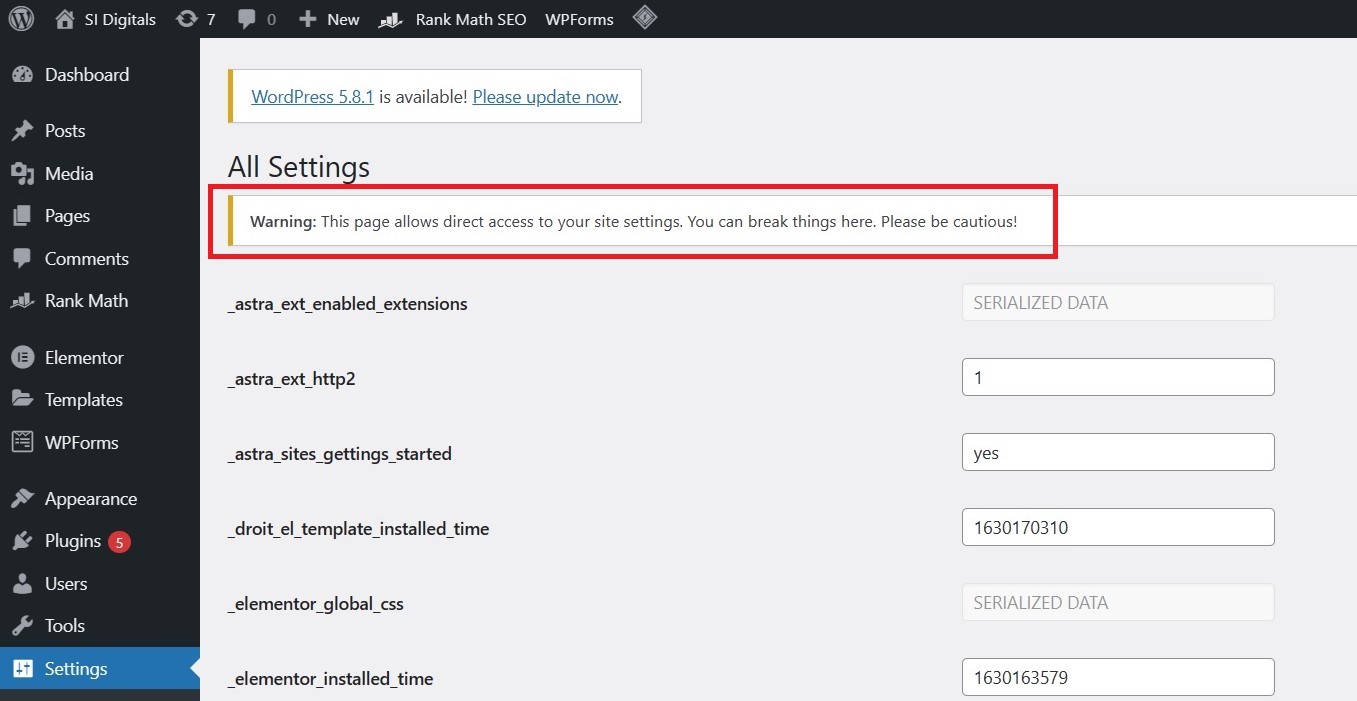 Warning This page allows direct access to your site settings