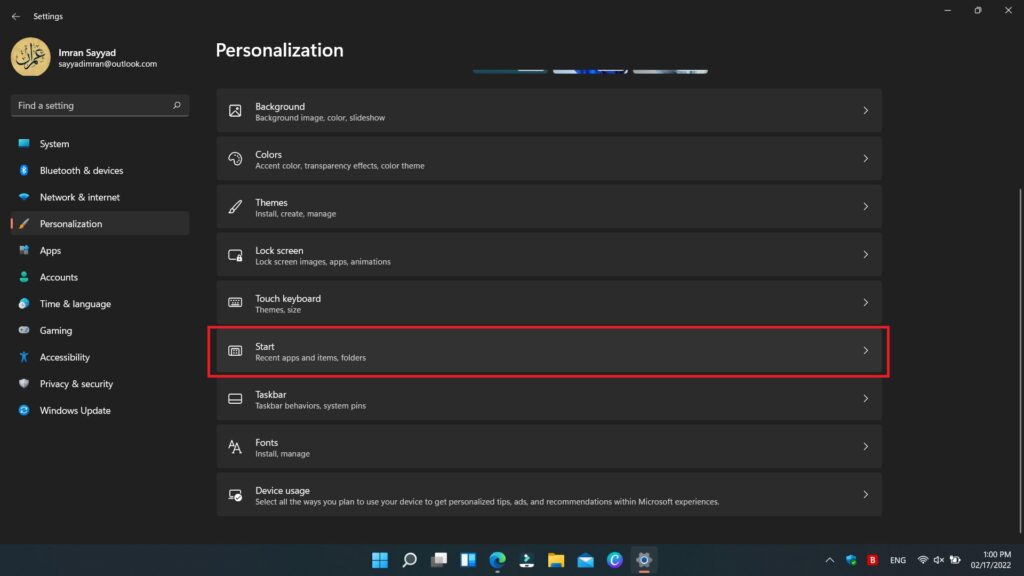 Remove Recommended from Start Menu in Windows 11 1 open personailazation setting in windows 11