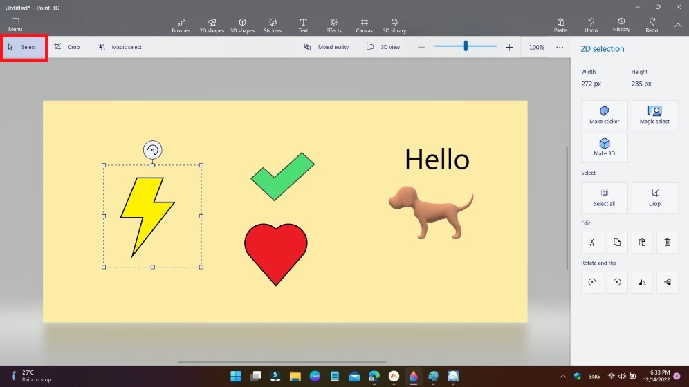 Where to find select tools placed in Paint 3D 2 2d selection in paint 3d