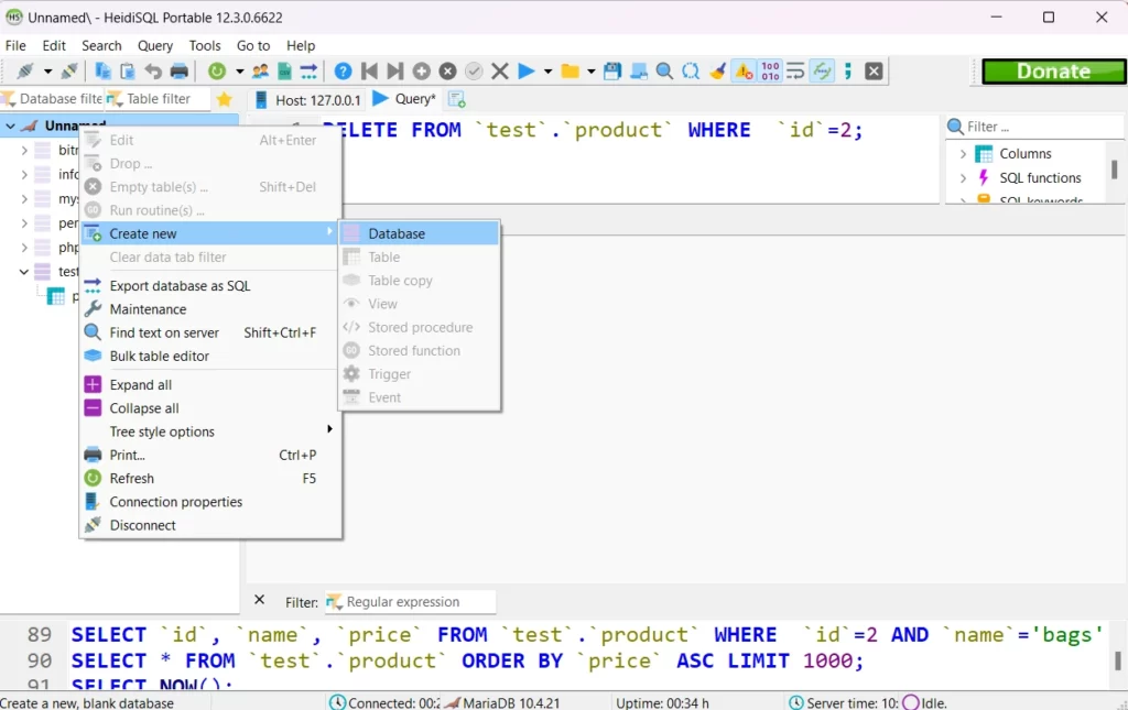 create database using right click heidisql