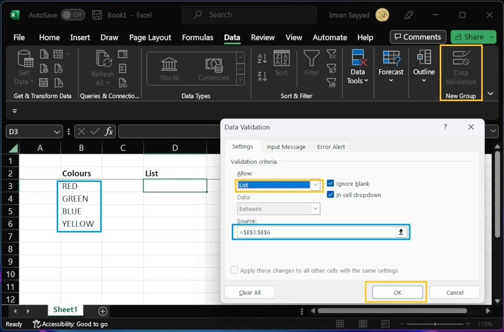 How to create an excel drop down list with colors 3 create list from data validation