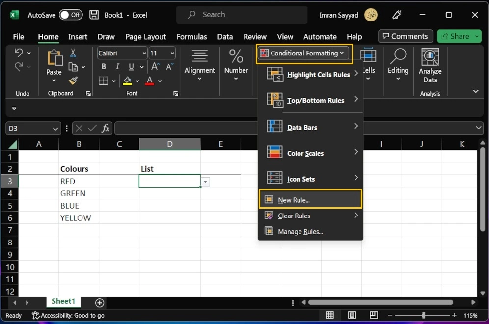 How to create an excel drop down list with colors 4 create rule
