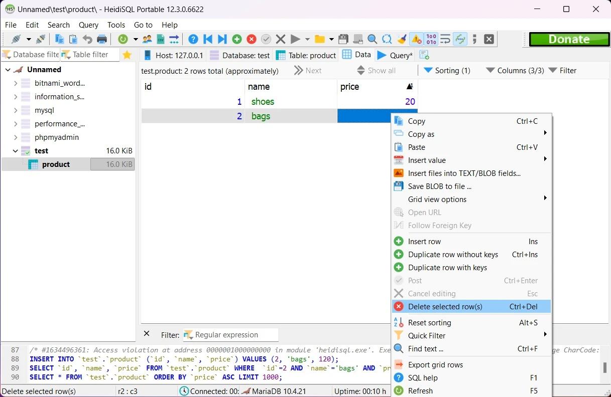 How to delete products in heidisql 7 delete product using