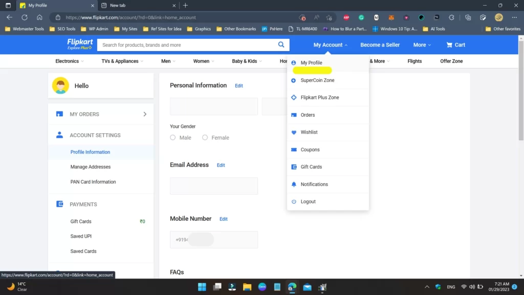 How to Create Flipkart Account 4 edit profile in flipkart