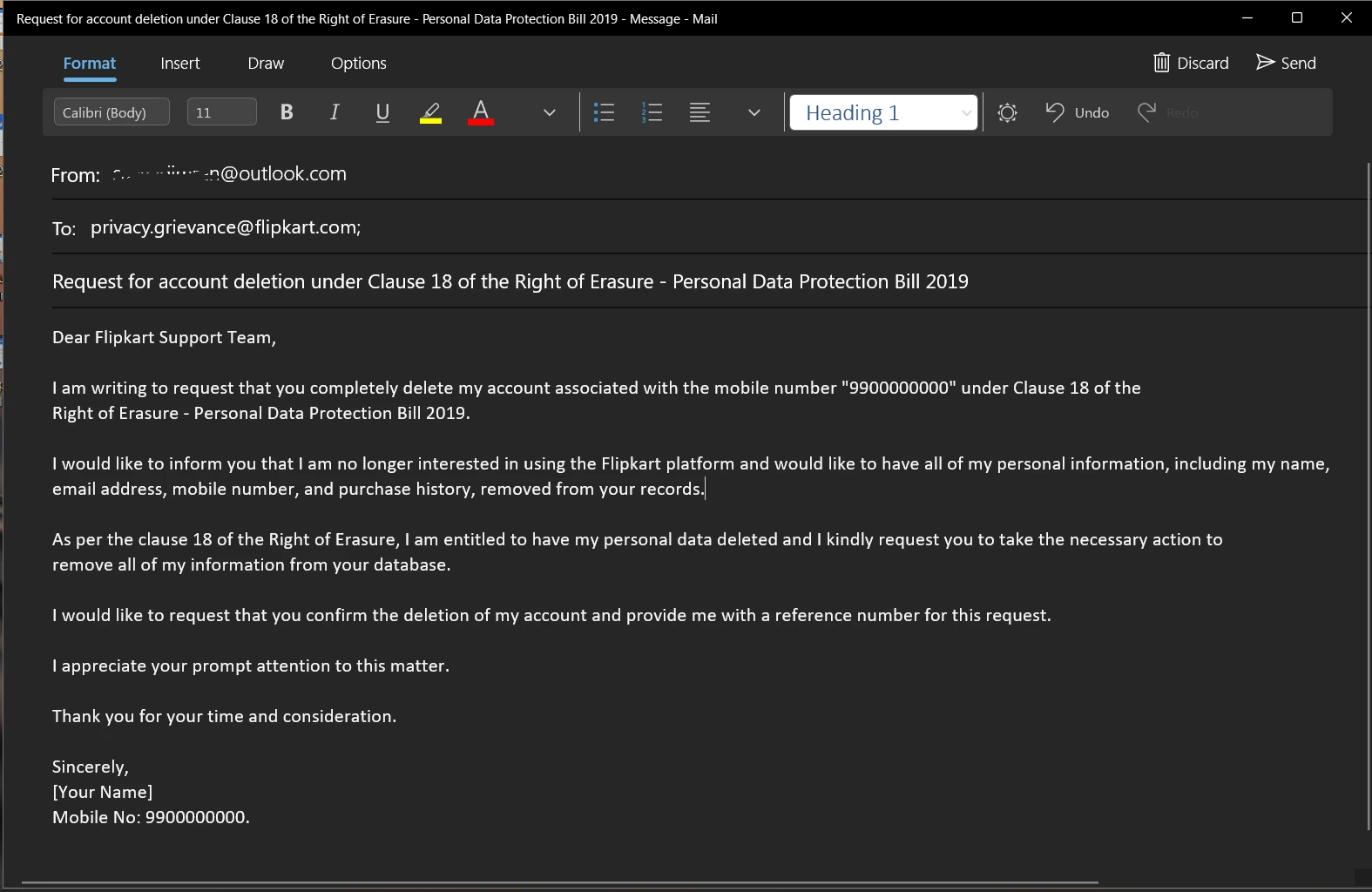 email to detele flipkart account