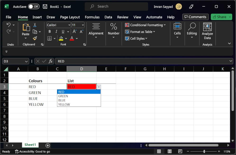 How to create an excel drop down list with colors 7 final output of color list