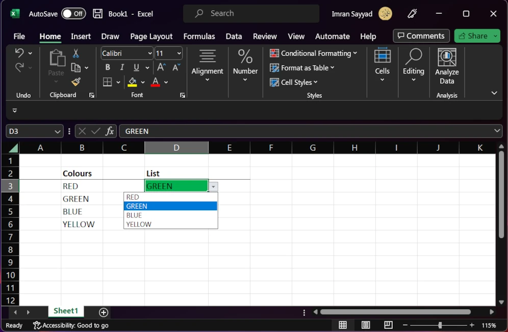 How to create an excel drop down list with colors 2 list with colour