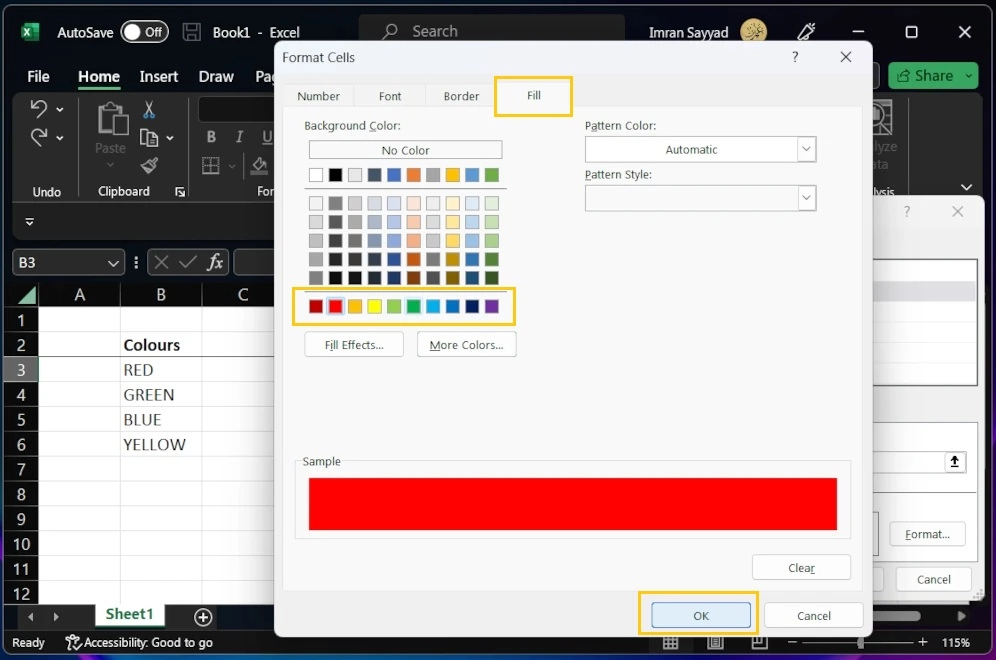 How to create an excel drop down list with colors 6 set red colour