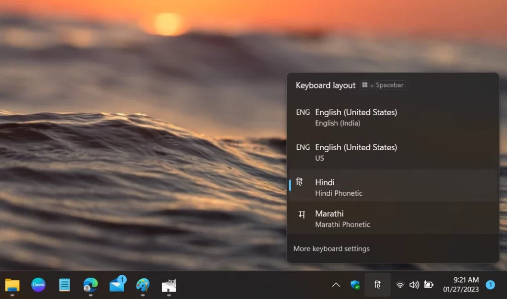 How to write in Hindi in MS Word 4 switch language