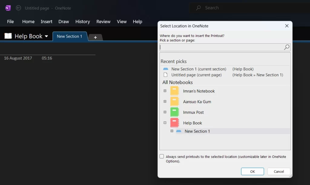 How to Open a PDF in One Note? 4 select print location in one note