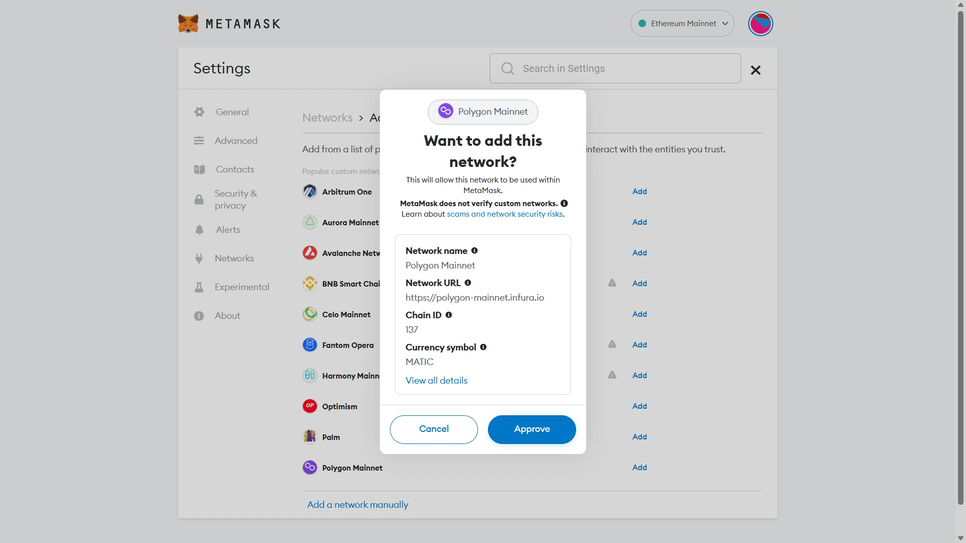 adding polygon mainnet to metamask