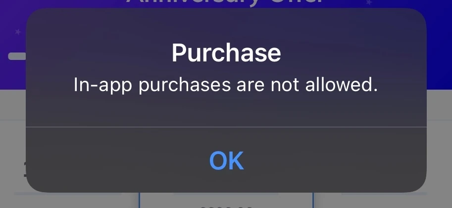 in app purchase not alowed