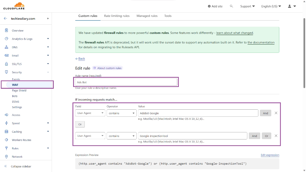 creating waf rule in cloudflare