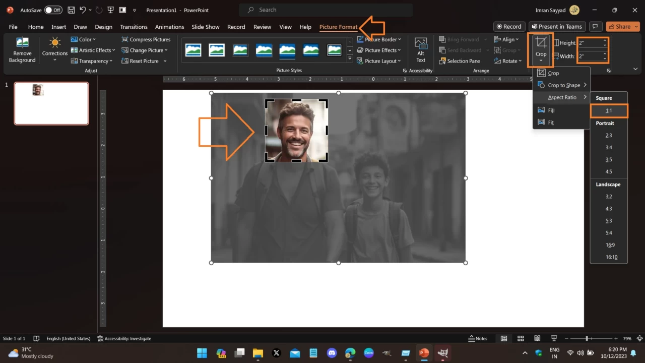 Creating PPT Template for passport photo printing 1 crop passport size photo in ppt