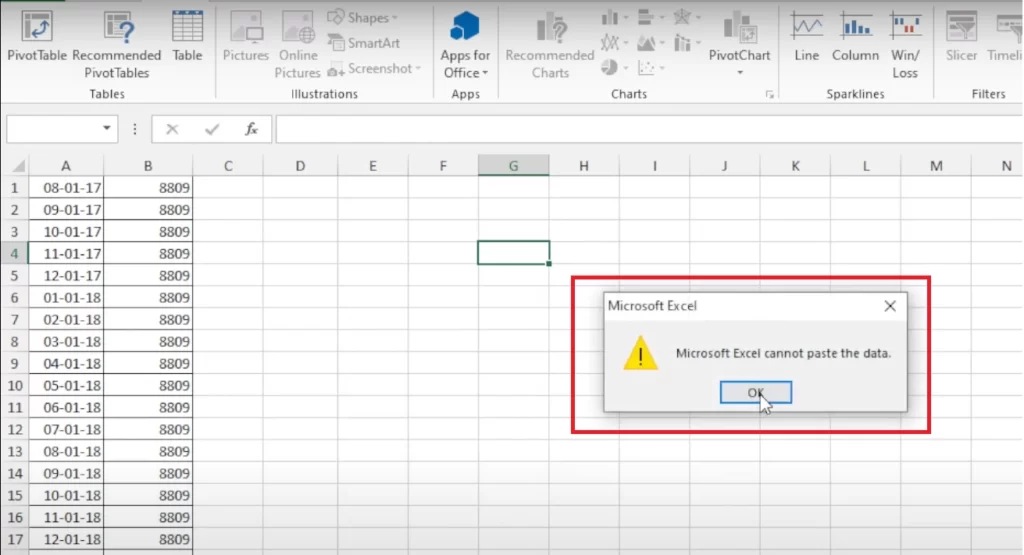 microsoft excel cannot paste the data