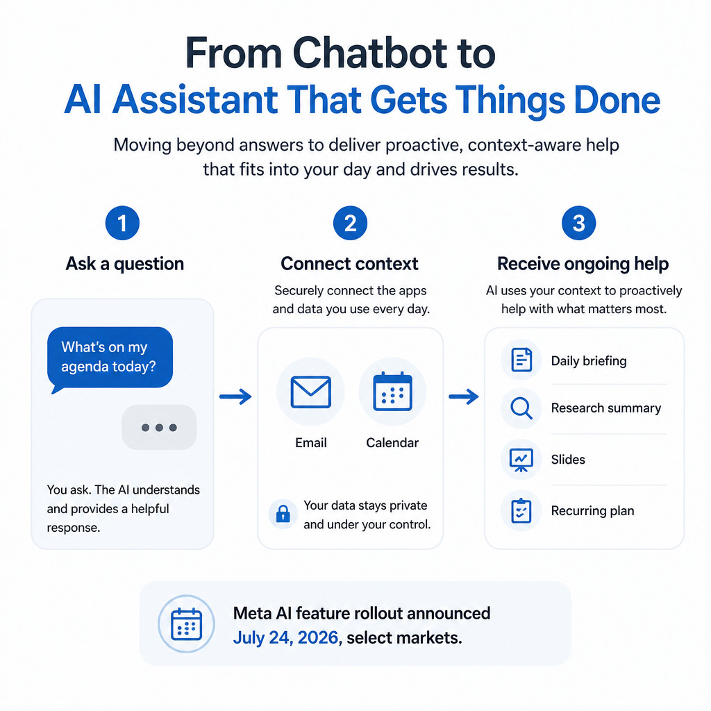 Why AI Assistants Are Becoming Personal Task Managers 1 Infographic showing how AI assistants can move from answering questions to using calendar and email context for recurring tasks.