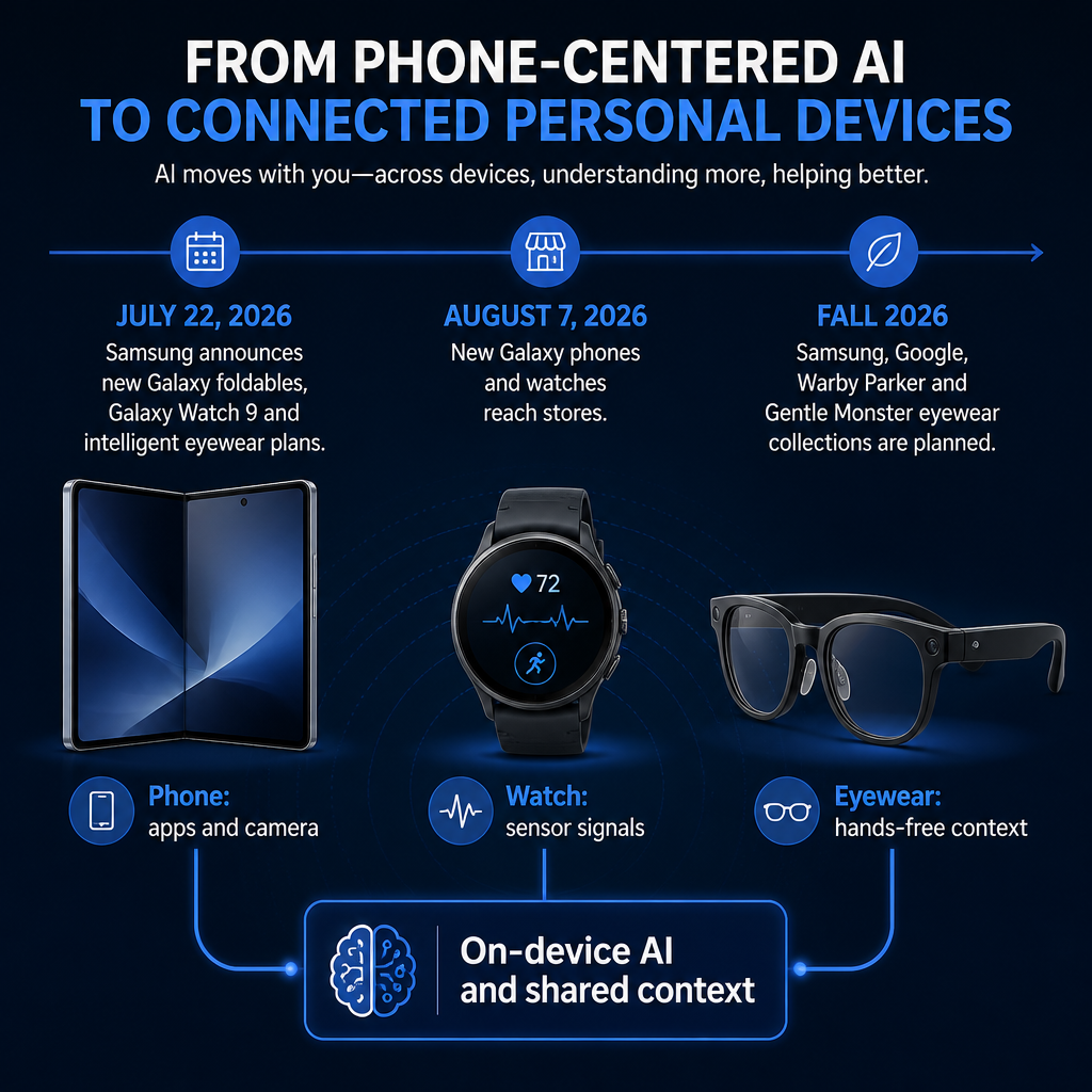 Infographic showing Samsung’s July 2026 device launch and how phones, watches and smart glasses can share AI context.