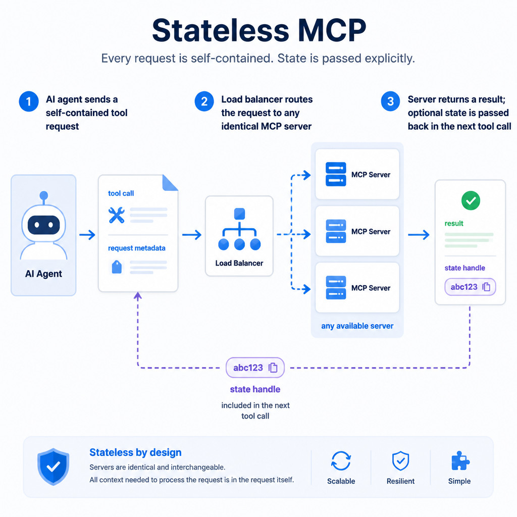 Flow diagram showing an AI agent sending self-contained MCP requests to any available server and passing state through an explicit handle.