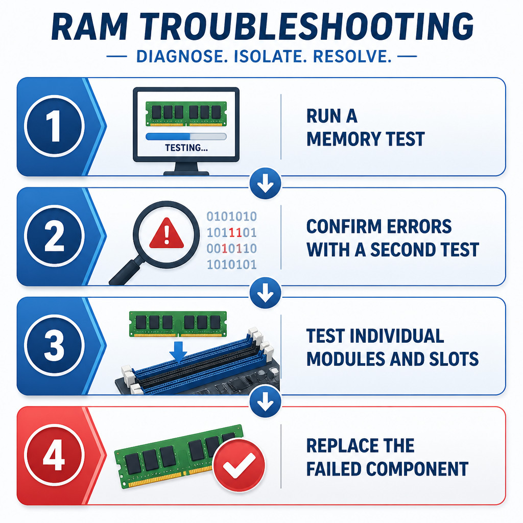 Four-step process for testing and isolating faulty RAM