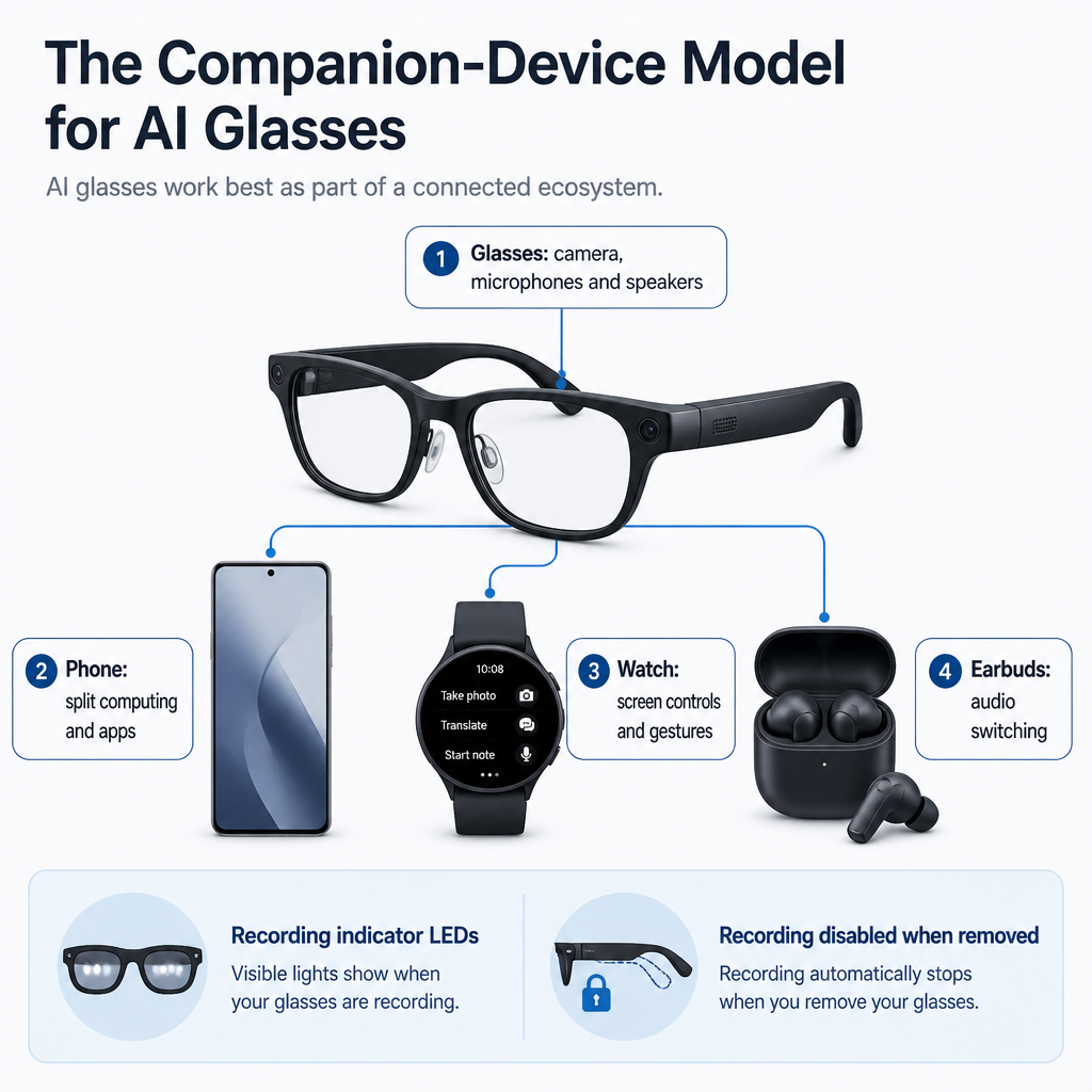 Why AI Glasses Are Becoming Phone Companions, Not Replacements 1 Infographic showing how AI glasses can share tasks with a phone, smartwatch and earbuds.