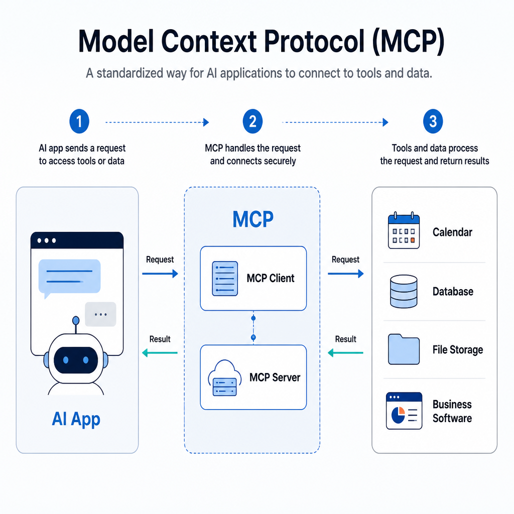 Infographic showing an AI application using MCP to connect with external tools and data sources.