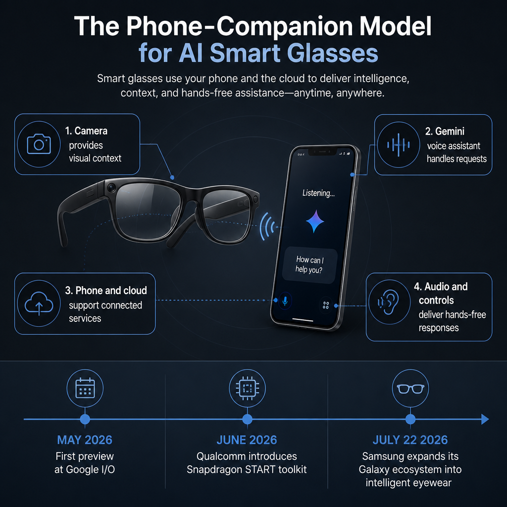Why AI Smart Glasses Are Becoming Phone Companions First 1 Infographic showing how AI smart glasses use cameras, voice AI, smartphones and connected services.