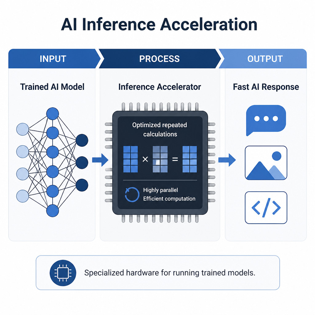 Infographic showing a trained AI model processed by an inference accelerator to produce a fast AI response.