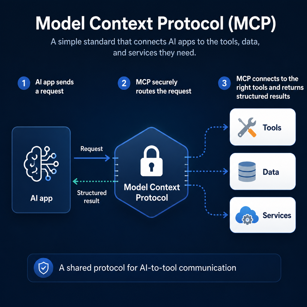 A three-step diagram showing an AI app using Model Context Protocol to communicate with tools, data, and services.