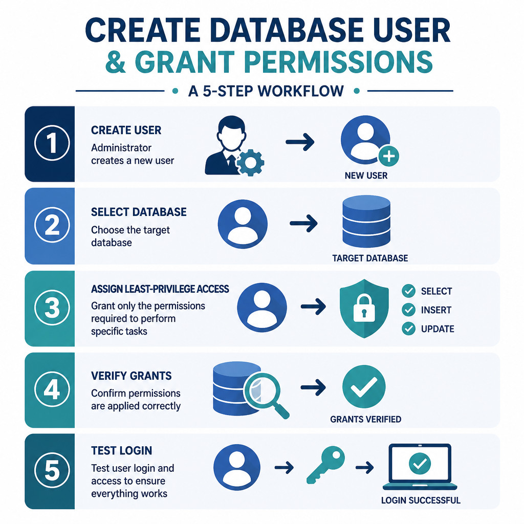 How to Create a MySQL User and Grant Permissions 1 MySQL user creation and permission workflow