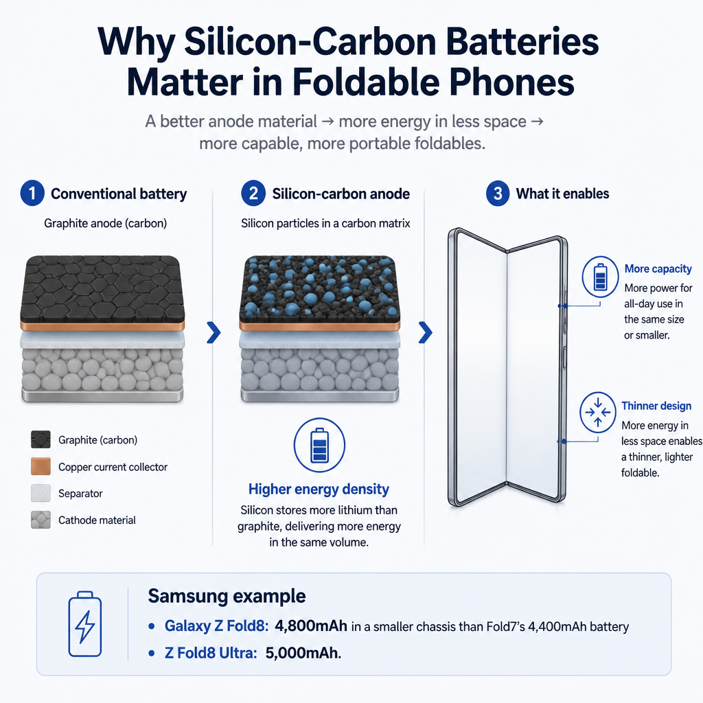 Samsung’s New Foldables Put Batteries Back in the Spotlight 1 Infographic showing how silicon-carbon battery anodes can enable more capacity in thin foldable phones, with Galaxy Z Fold8 battery examples.