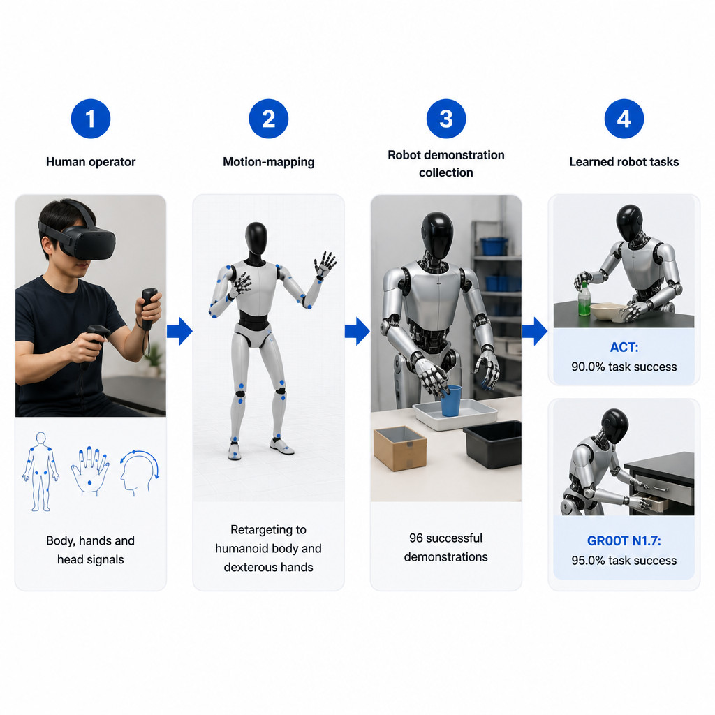 Infographic showing VR motion capture mapped to a humanoid robot and used to collect demonstrations for imitation learning.