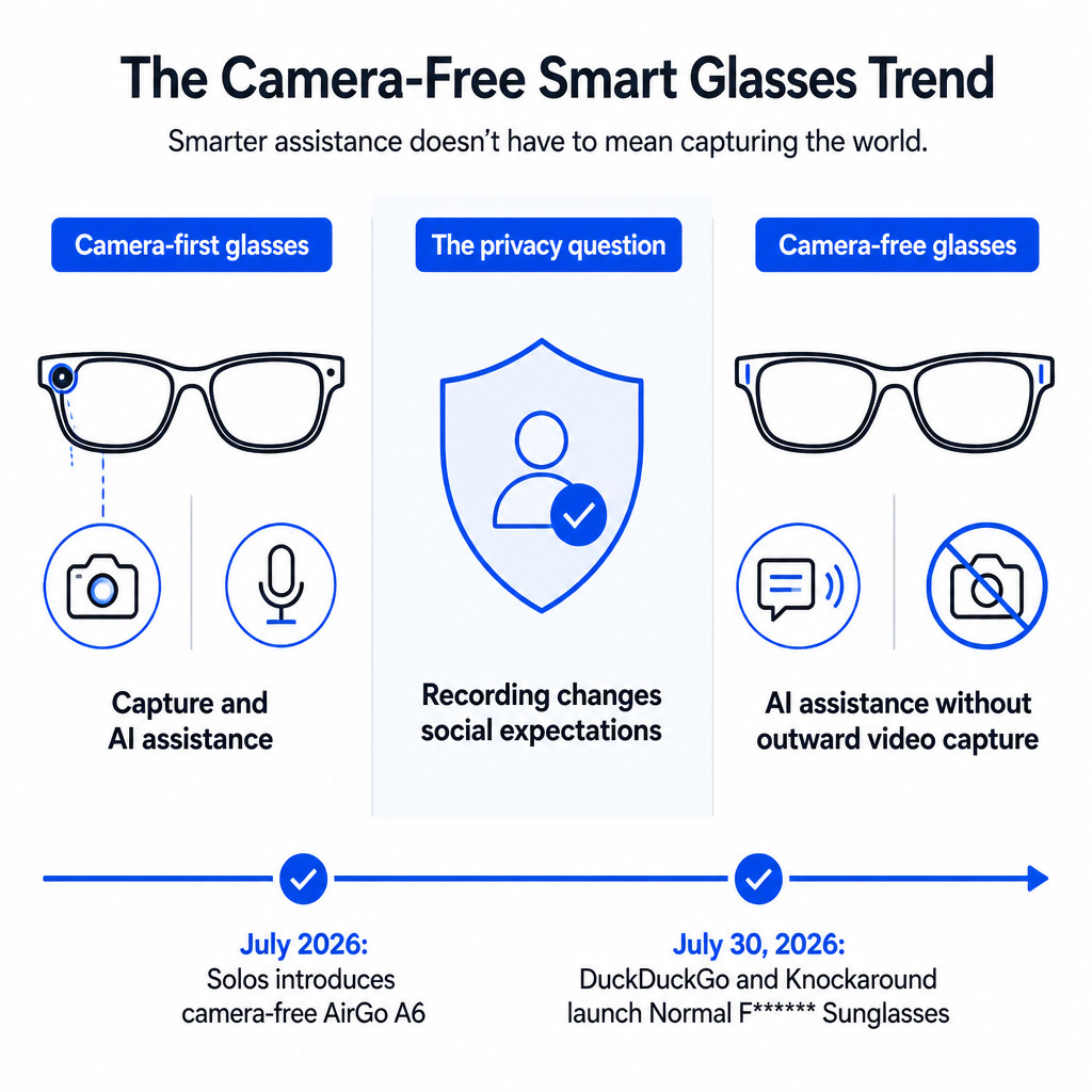 Infographic comparing camera-equipped and camera-free smart glasses and explaining the privacy trend.