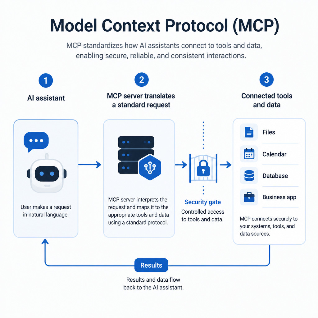 Infographic showing an AI assistant using an MCP server to request information or actions from connected tools and data services.