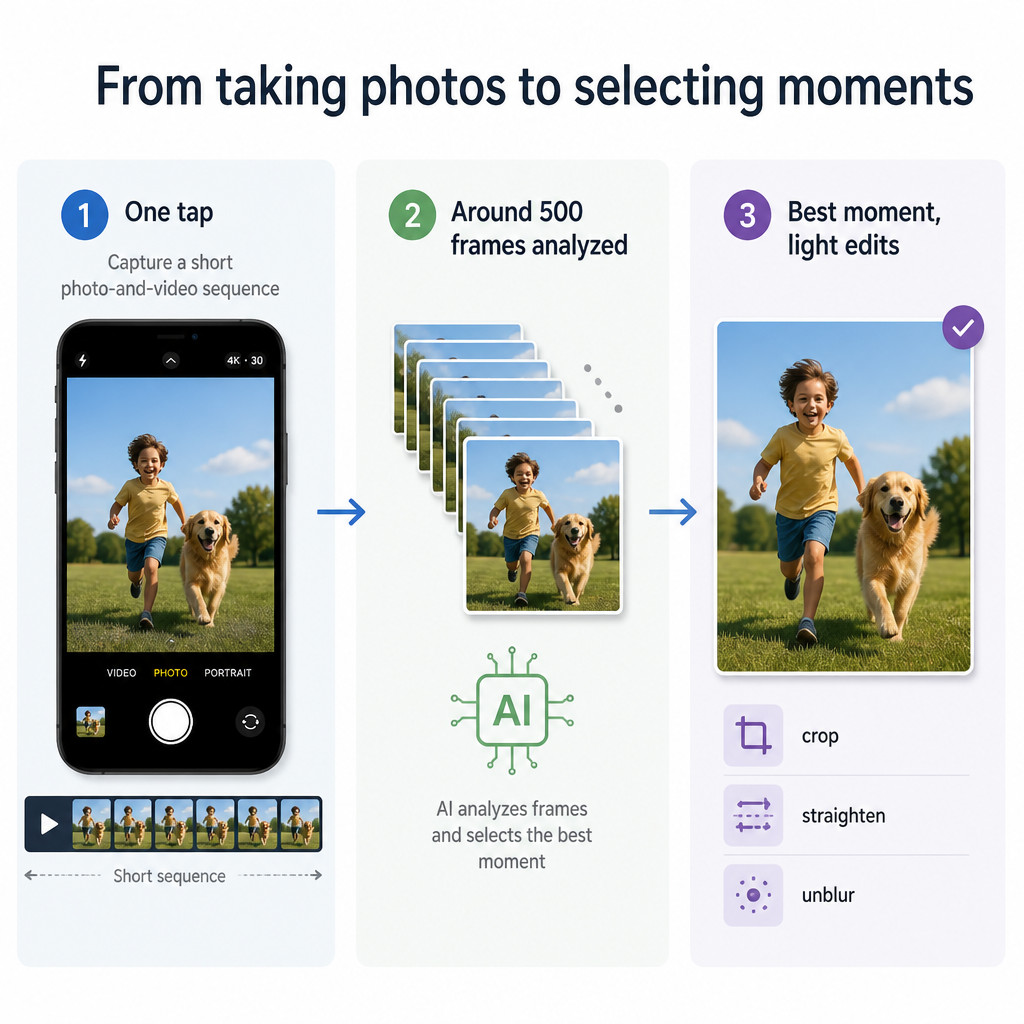 Why Smartphone Cameras Are Becoming AI Moment Pickers 1 Infographic showing an AI camera capturing a short sequence, analyzing around 500 frames, and selecting a lightly edited final image.