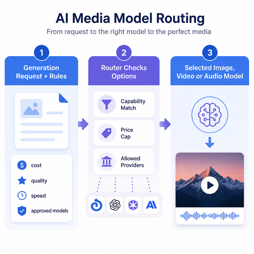 Infographic showing a media request, routing rules, model filtering, and selection of an image, video, or audio AI model.