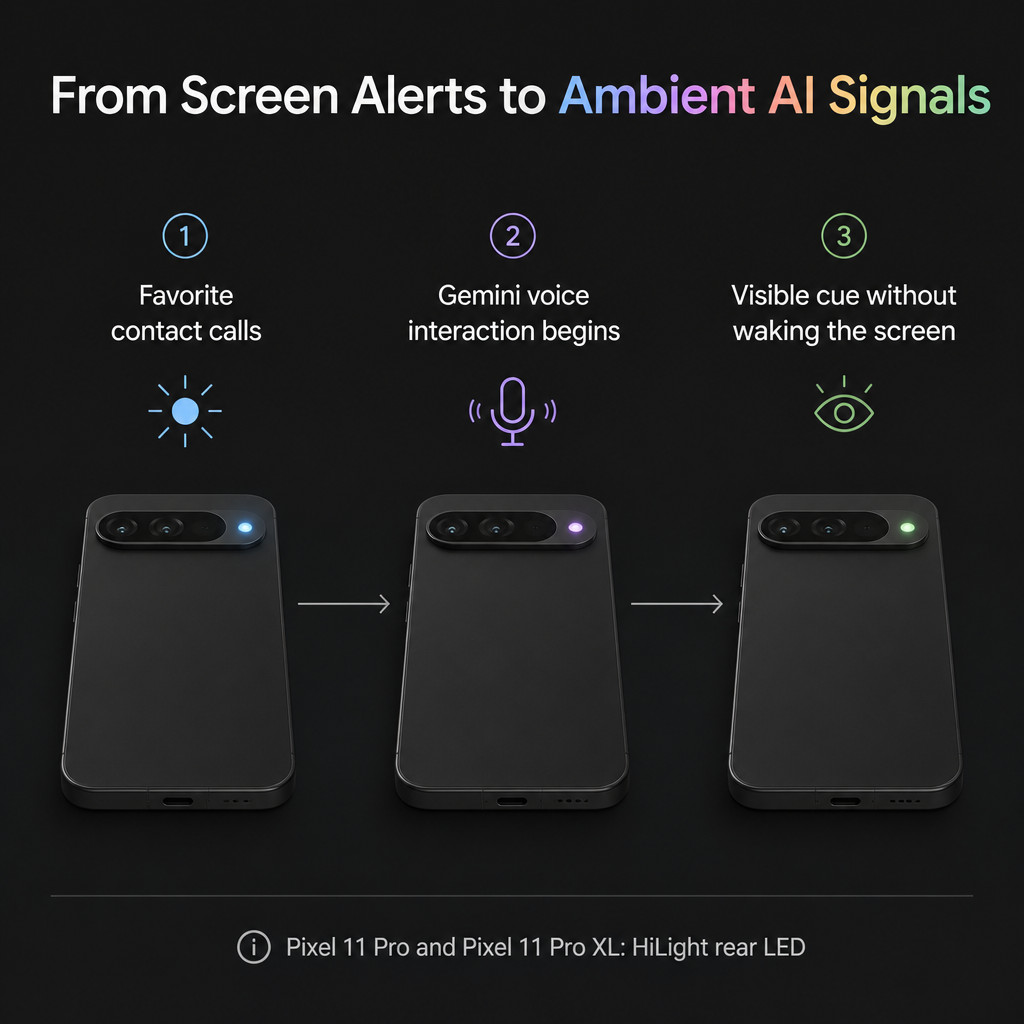 Infographic showing how the Pixel 11 Pro HiLight LED can signal a favorite contact call or Gemini voice activity while the phone is face down.