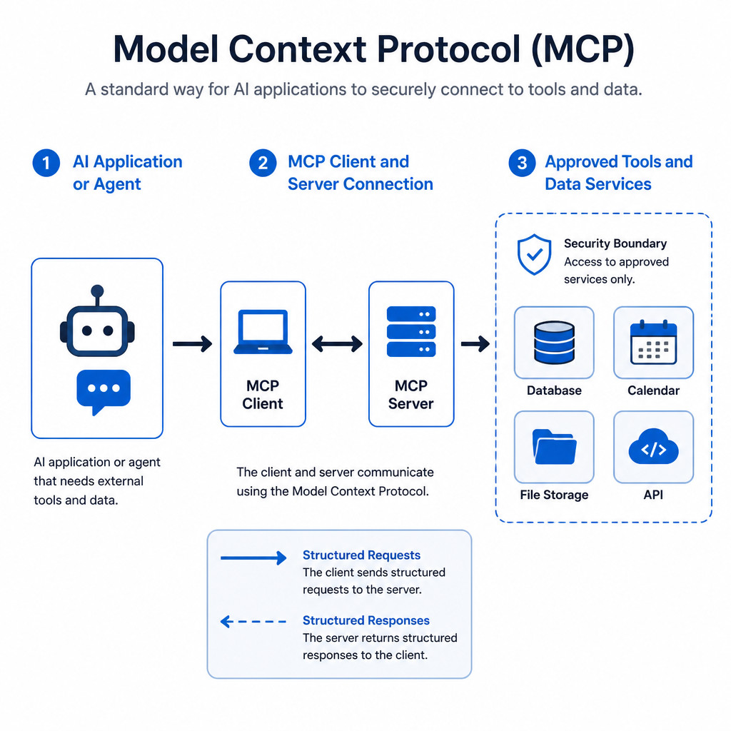 Infographic showing an AI application using MCP to connect with approved tools and data services.