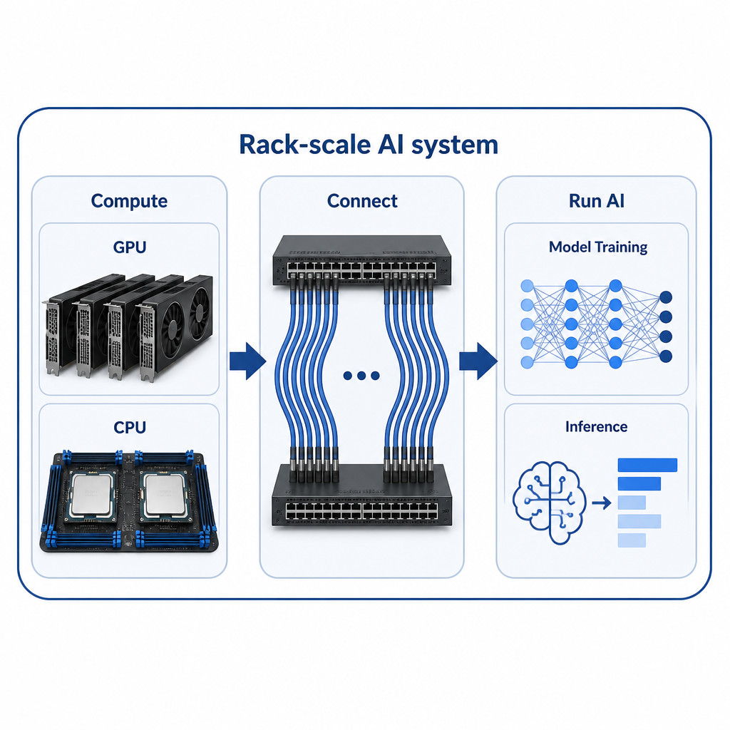 Infographic showing how compute, networking and software combine in a rack-scale AI system.