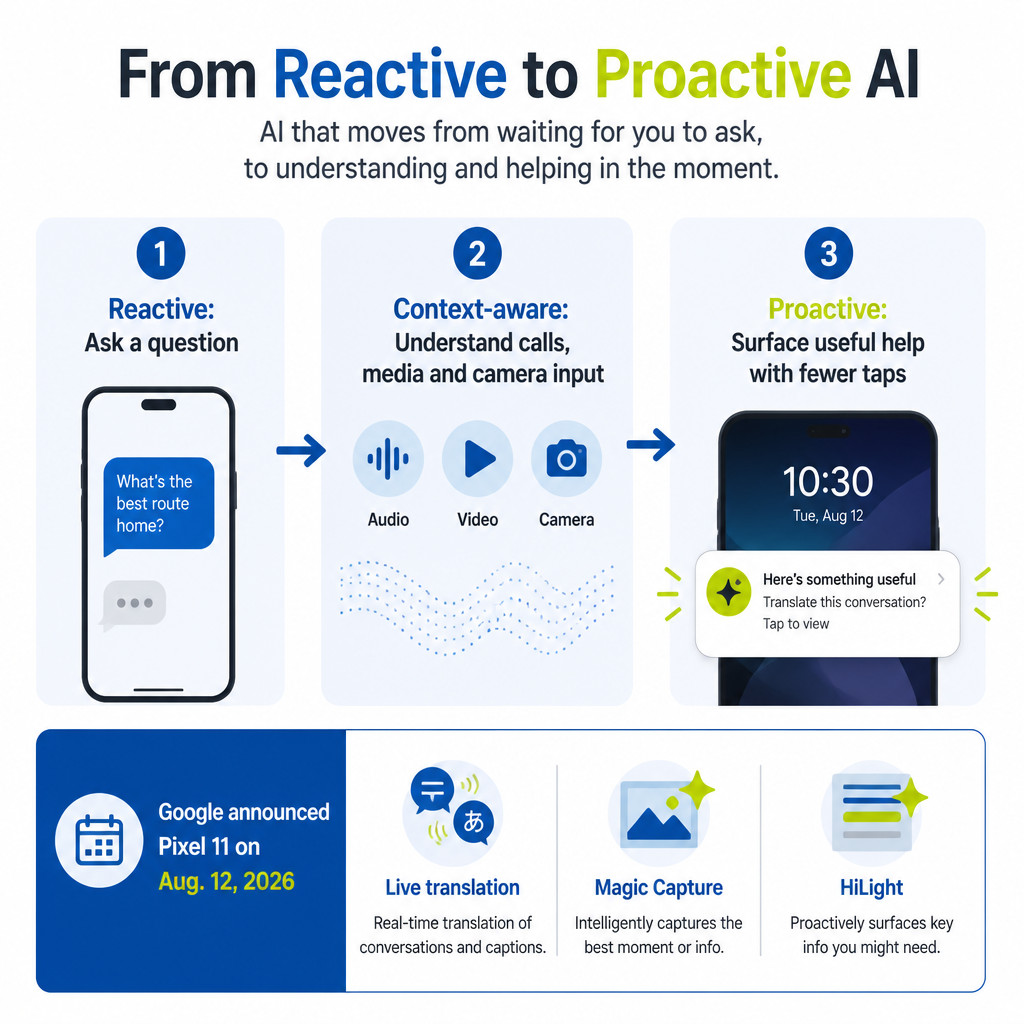 Why Smartphones Are Shifting From AI Features to AI Actions 1 Infographic showing how smartphone AI is moving from answering prompts to context-aware, proactive assistance.