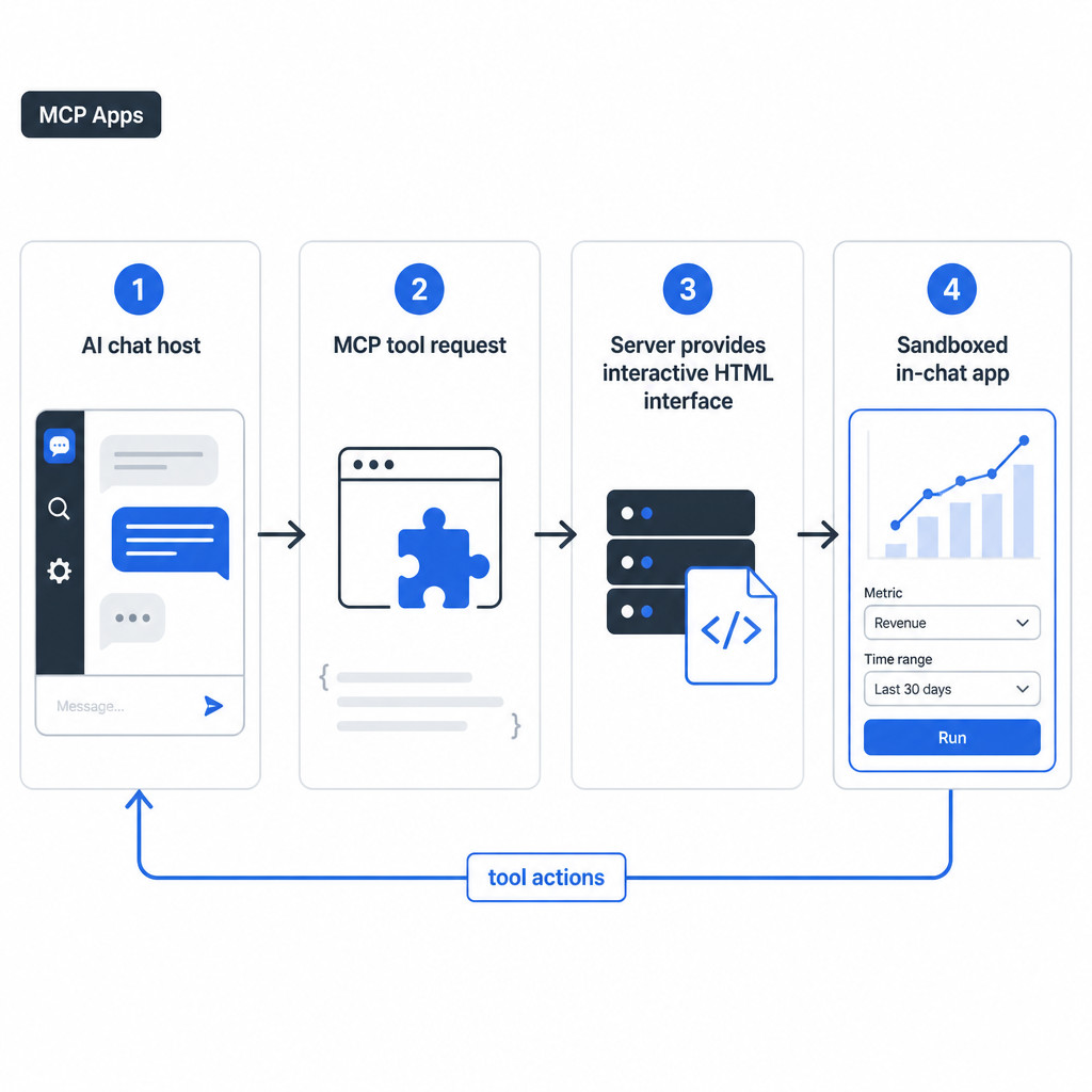 Flow diagram showing how an MCP App brings an interactive interface from an MCP server into an AI chat host.