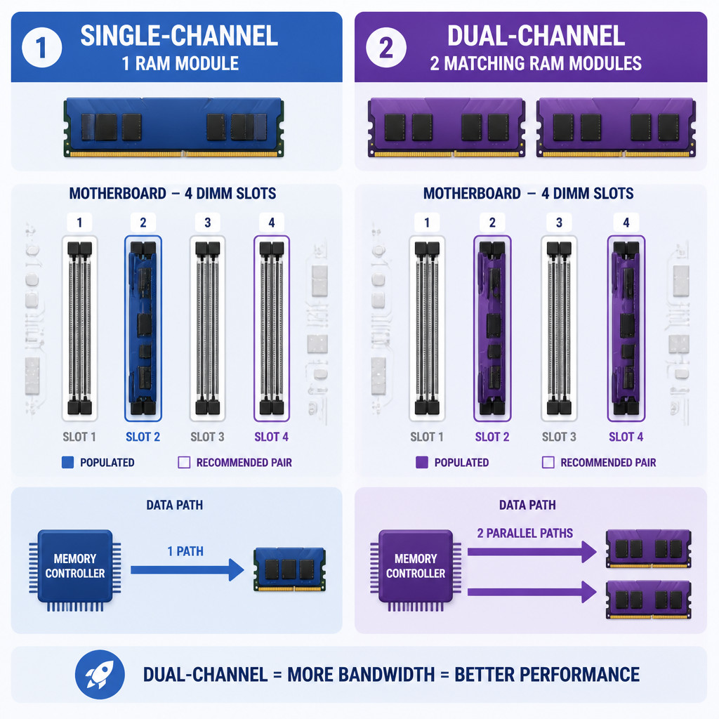 Single-Channel vs Dual-Channel RAM: Differences and How to Enable Dual Channel 1 Single-channel and dual-channel RAM slot configuration diagram