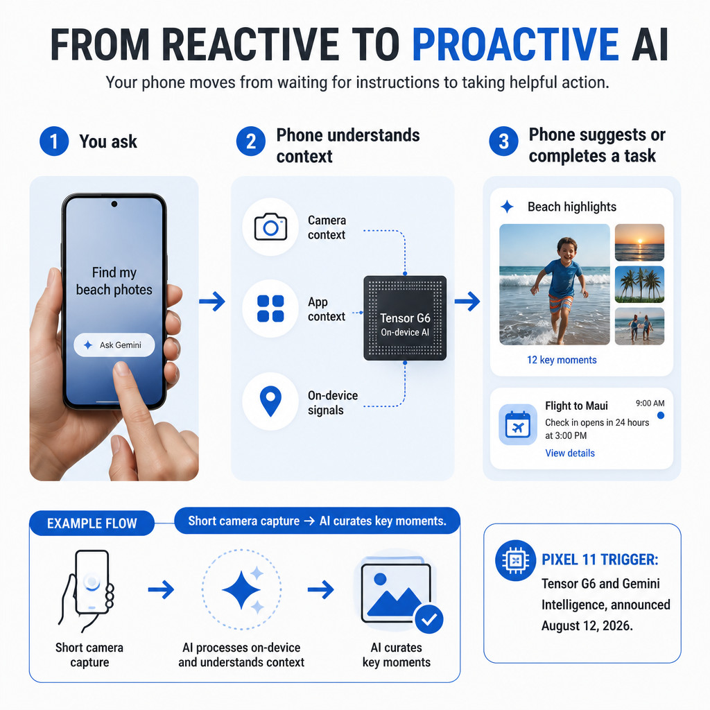 Why Smartphones Are Starting to Act Before You Ask 1 Infographic showing how proactive smartphone AI moves from user commands to context-aware suggestions and task completion.