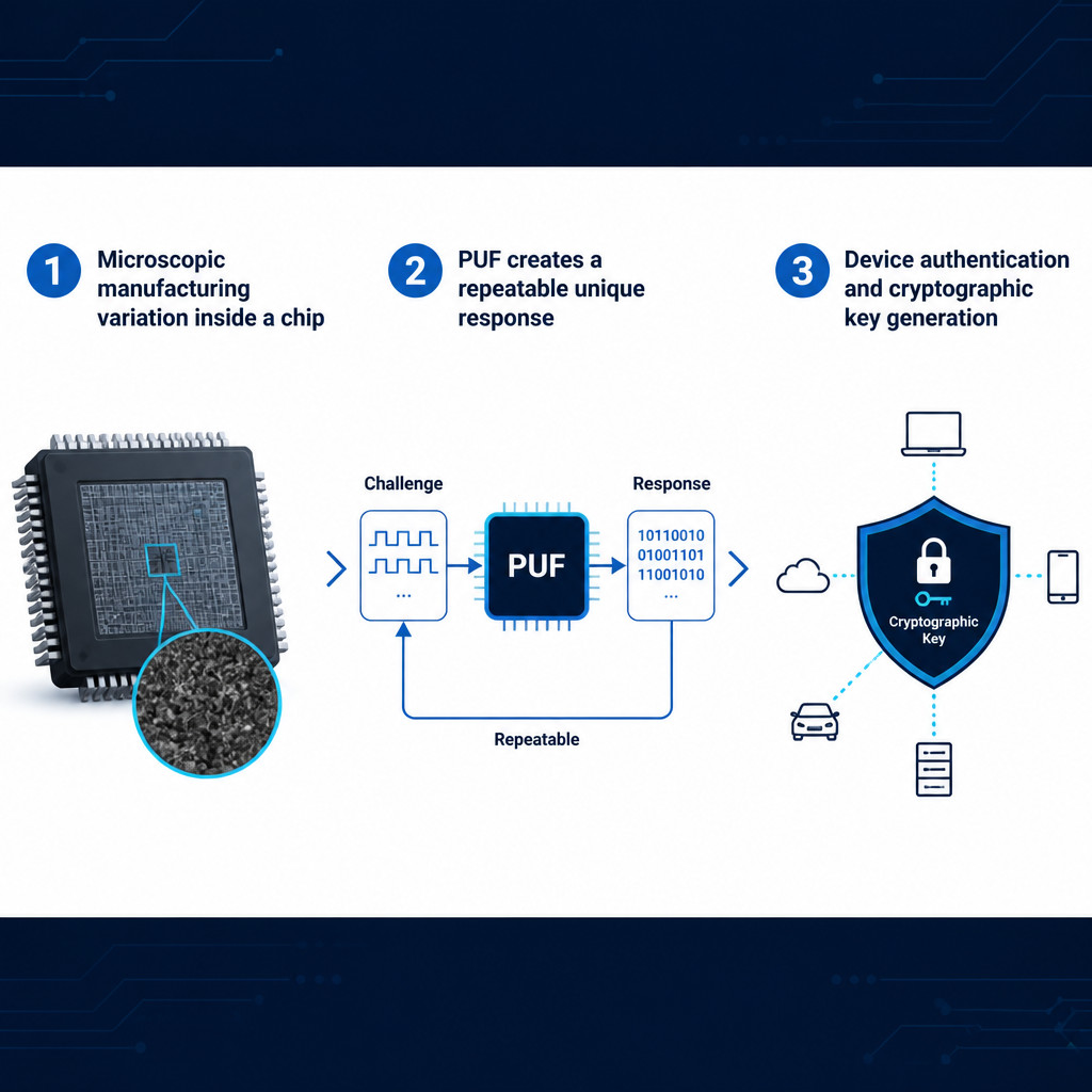 Three-step diagram showing how a PUF uses chip variations to create a unique response for authentication and key generation.