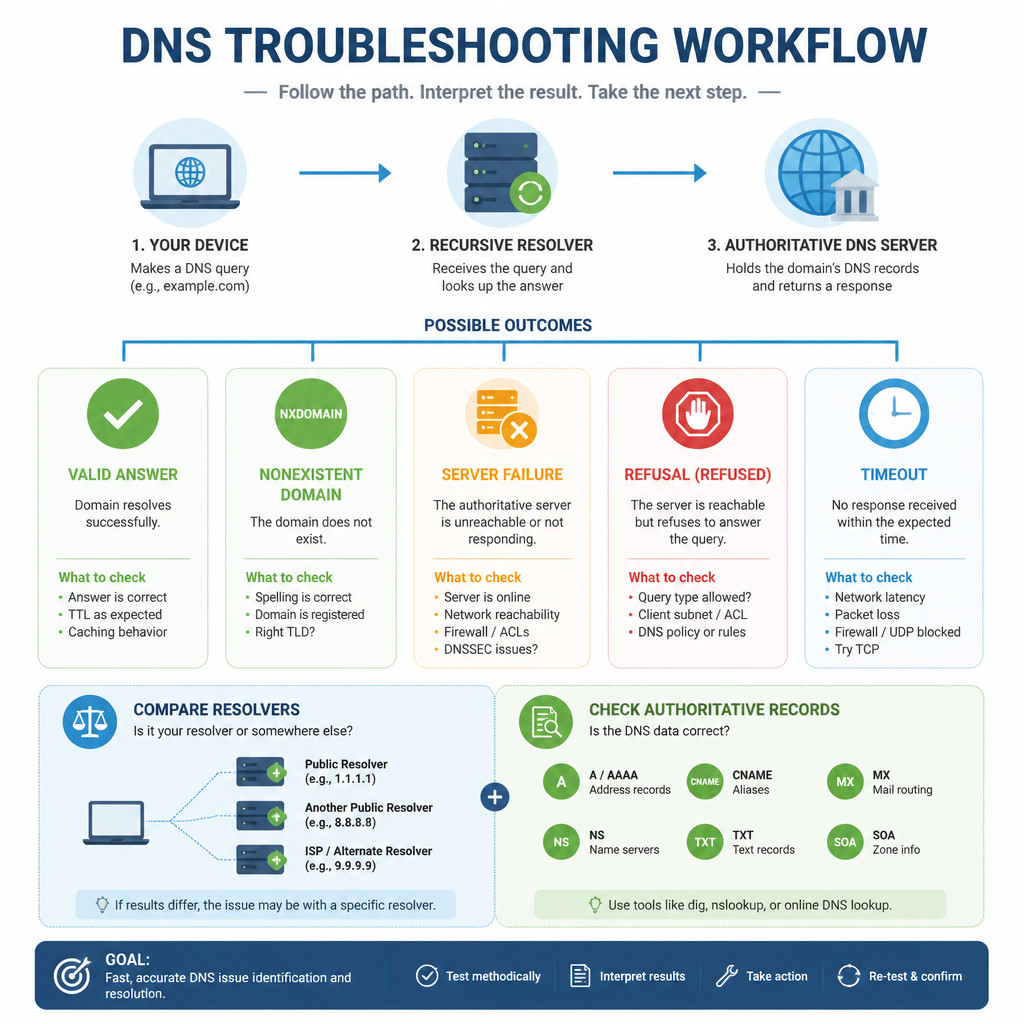 How to Troubleshoot DNS with nslookup and dig Commands 1 DNS troubleshooting workflow using nslookup and dig