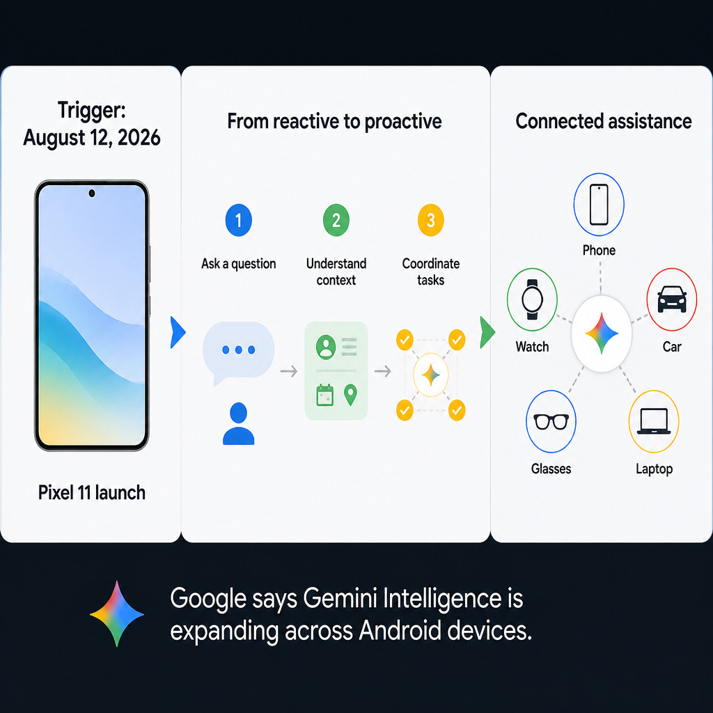 Why the Pixel 11 Signals a Shift to Proactive Smartphones 1 Infographic showing how proactive smartphone AI can move from answering requests to coordinating tasks across connected devices.