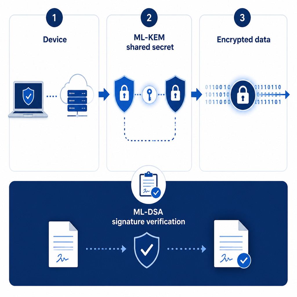 Infographic showing how ML-KEM establishes a shared secret and ML-DSA verifies digital signatures in post-quantum cryptography.