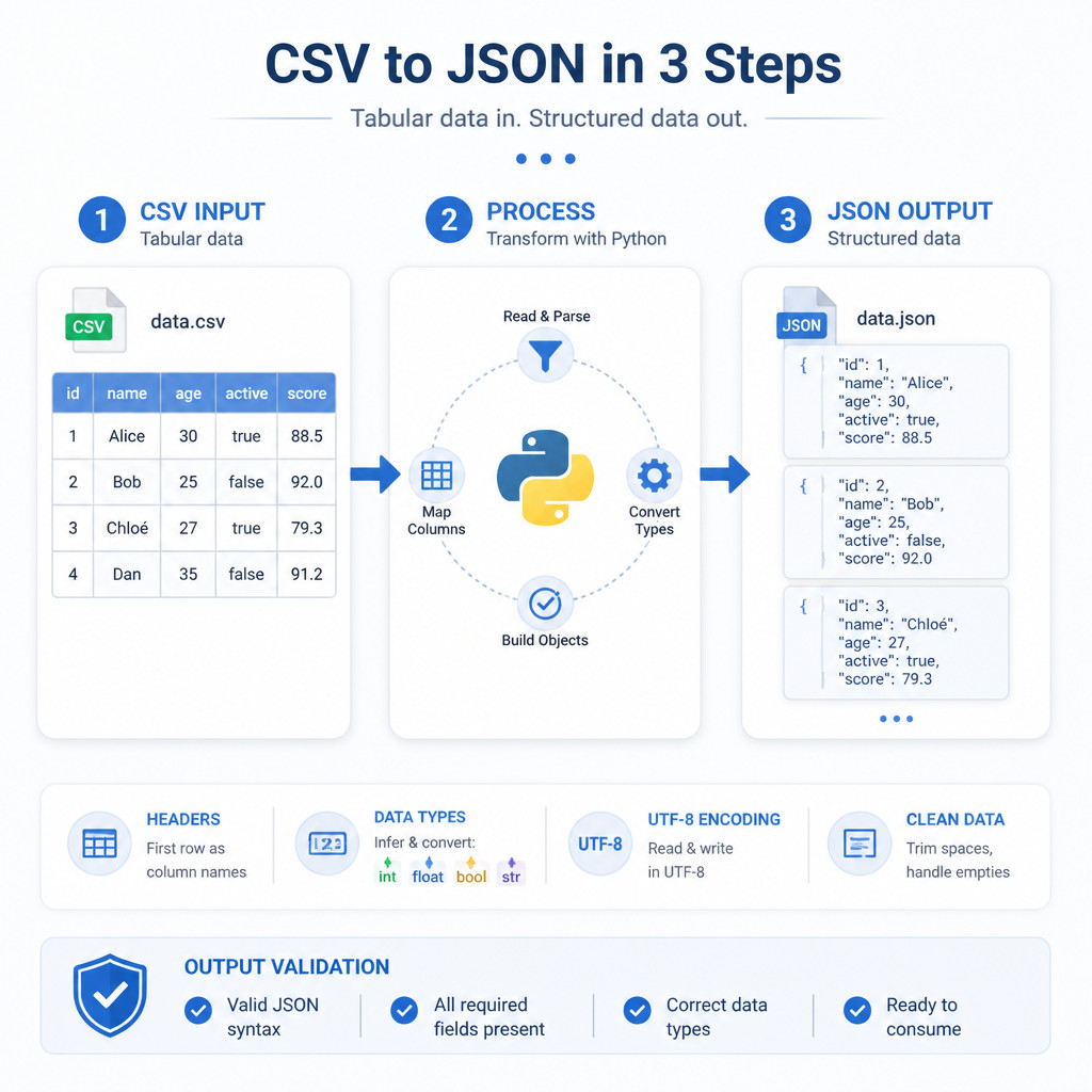How to Convert CSV to JSON with Python (Array and JSON Lines) 1 CSV to JSON conversion workflow using Python