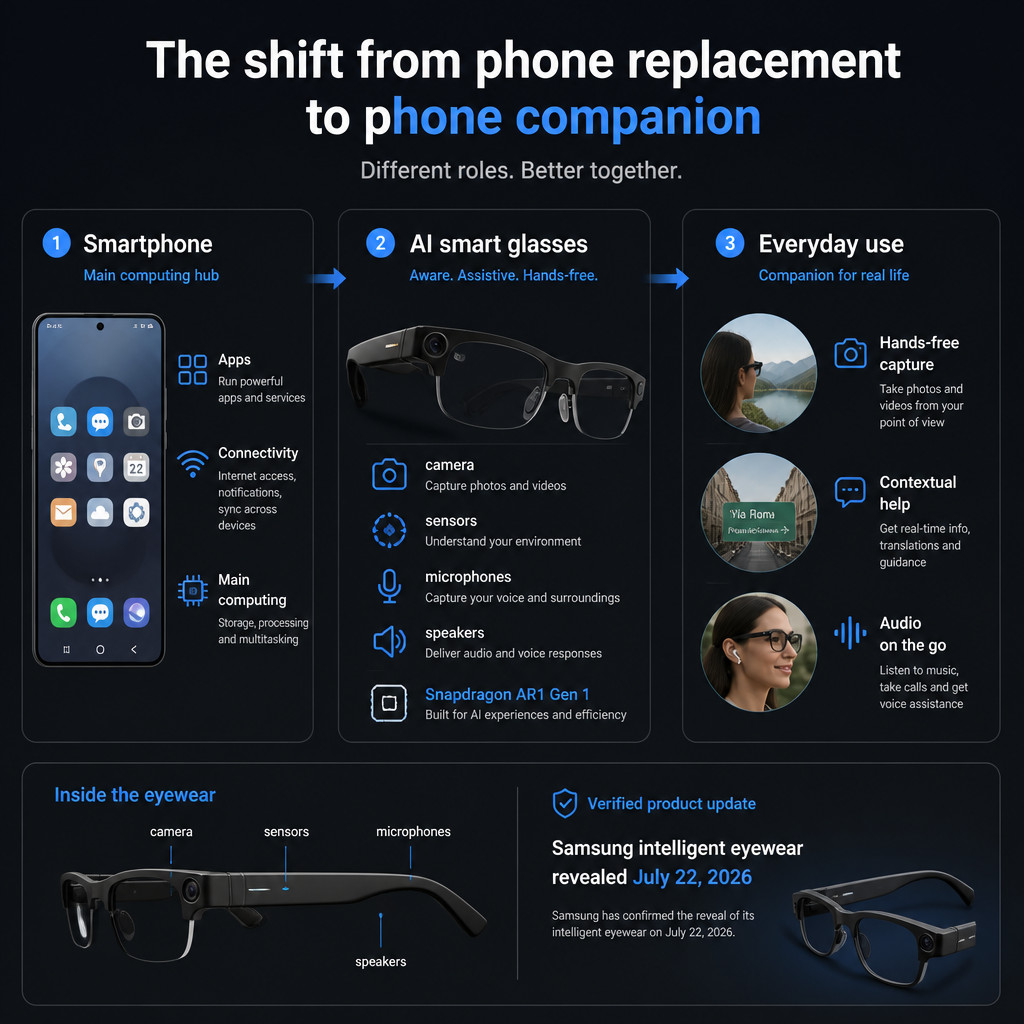 Why Smart Glasses Are Becoming Phone Companions First 1 Infographic showing how AI smart glasses work as a companion to a smartphone through cameras, audio and voice assistance.